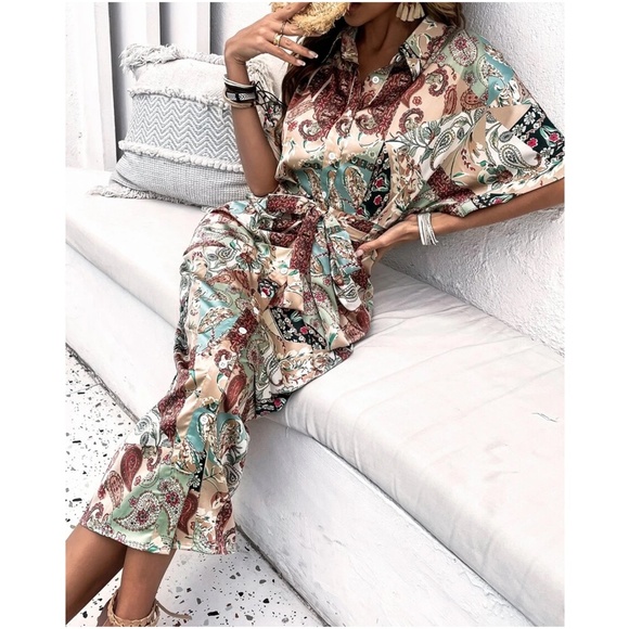 Boho Paisley Print Button up satin Dress - Picture 1 of 4
